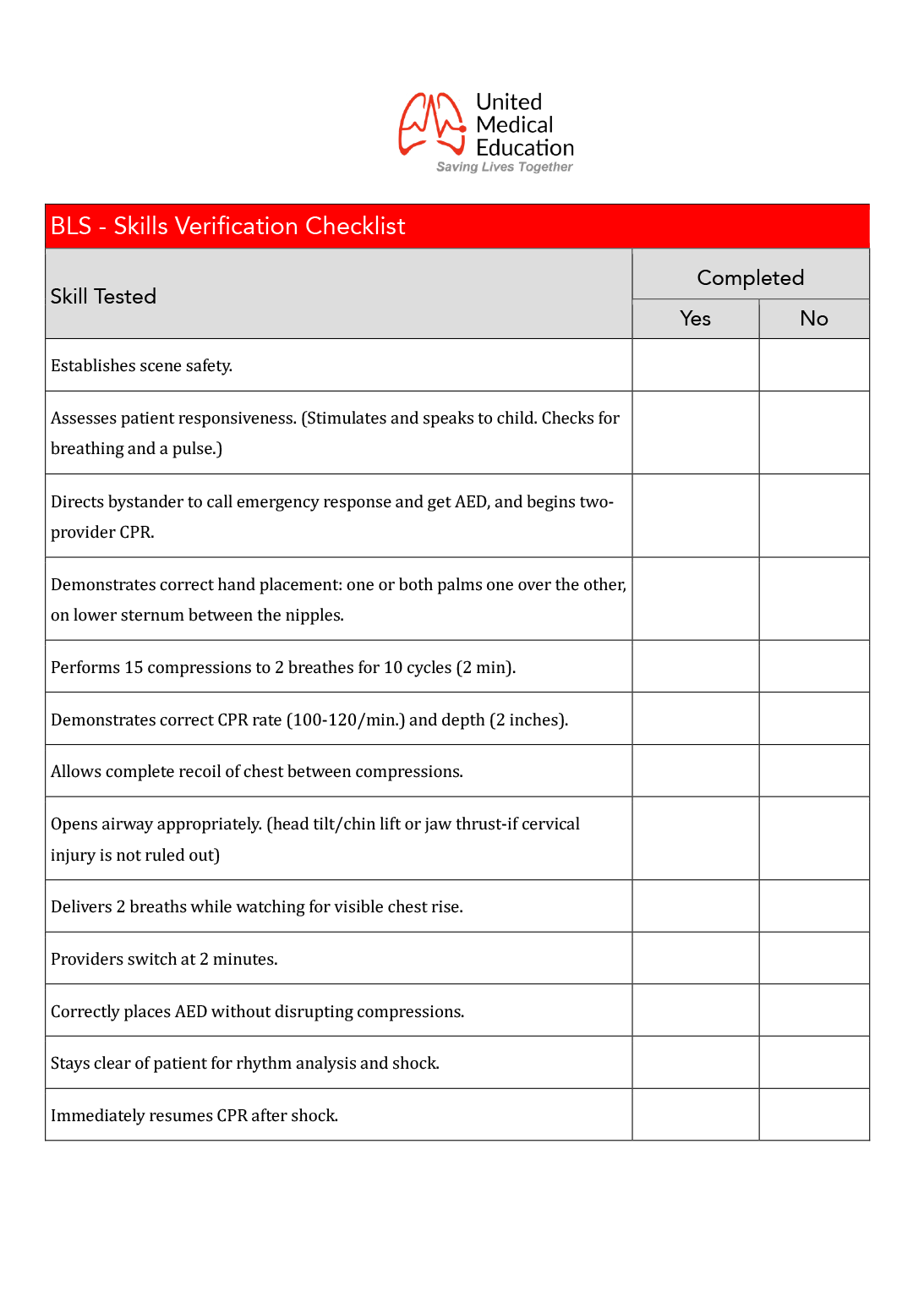 BLS Skills Session Checklist - Child over 1 year Two Rescuers