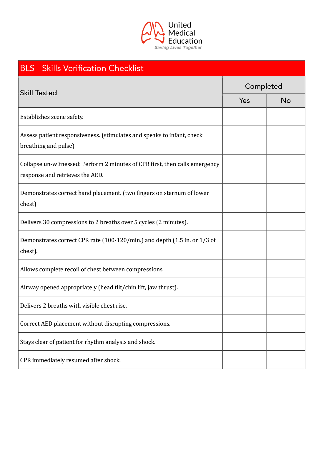 BLS Skills Session Checklist Infant 0 to 1 year Single Rescuer